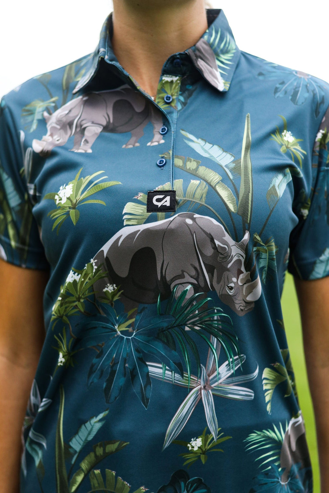 Custom Apparel Women's Golf Shirts | Funky | Rhino in the wild