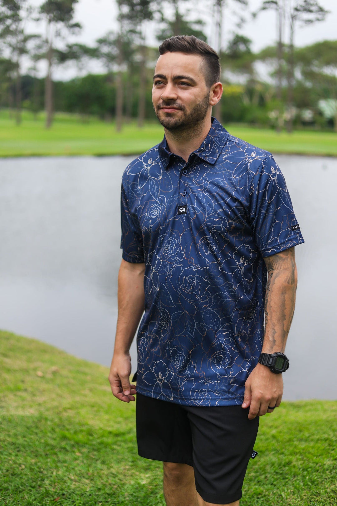 Custom Apparel Men's Funky Golf Shirt | Navy Gold Roses