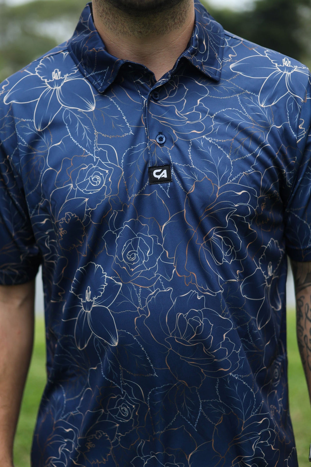 Custom Apparel Men's Funky Golf Shirt | Navy Gold Roses